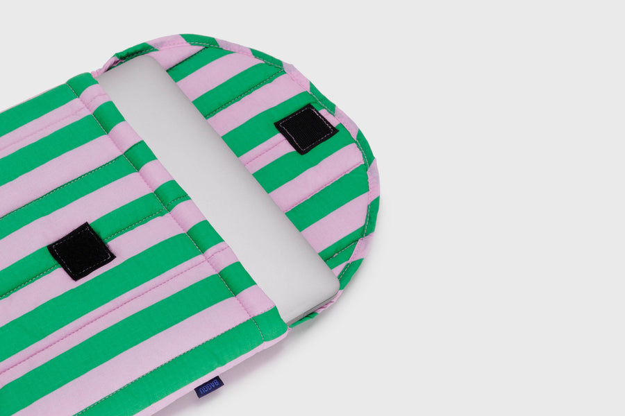 BAGGU Puffy Sleeve for 15 or 16 inch laptops – Pink Green Awning Stripe – open – BindleStore.  (Deadstock General Store, Manchester)