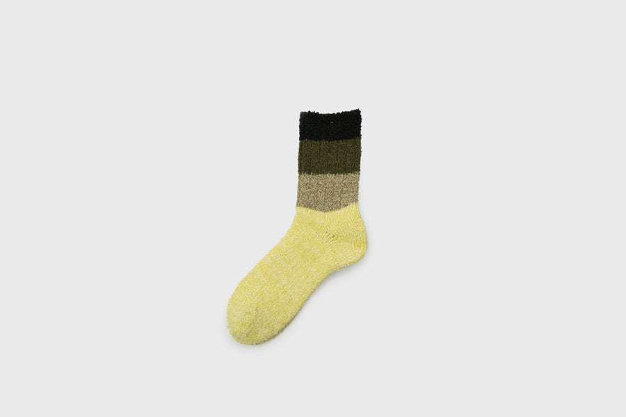 Mauna Kea Japanese Socks – Boucle Wool Gradient Pattern – Green Yellow – BindleStore. (Deadstock General Store, Manchester)