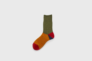 Mauna Kea Japanese Socks – Boucle Wool Switch Pattern – Khaki / Orange – BindleStore. (Deadstock General Store, Manchester)