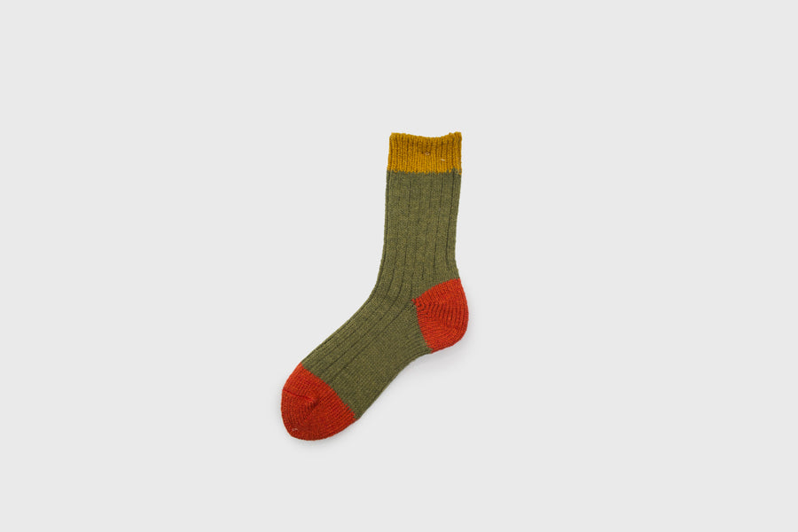 Mauna Kea Japanese Socks – Khaki Green Wool Ribbed Pattern – BindleStore. (Deadstock General Store, Manchester)