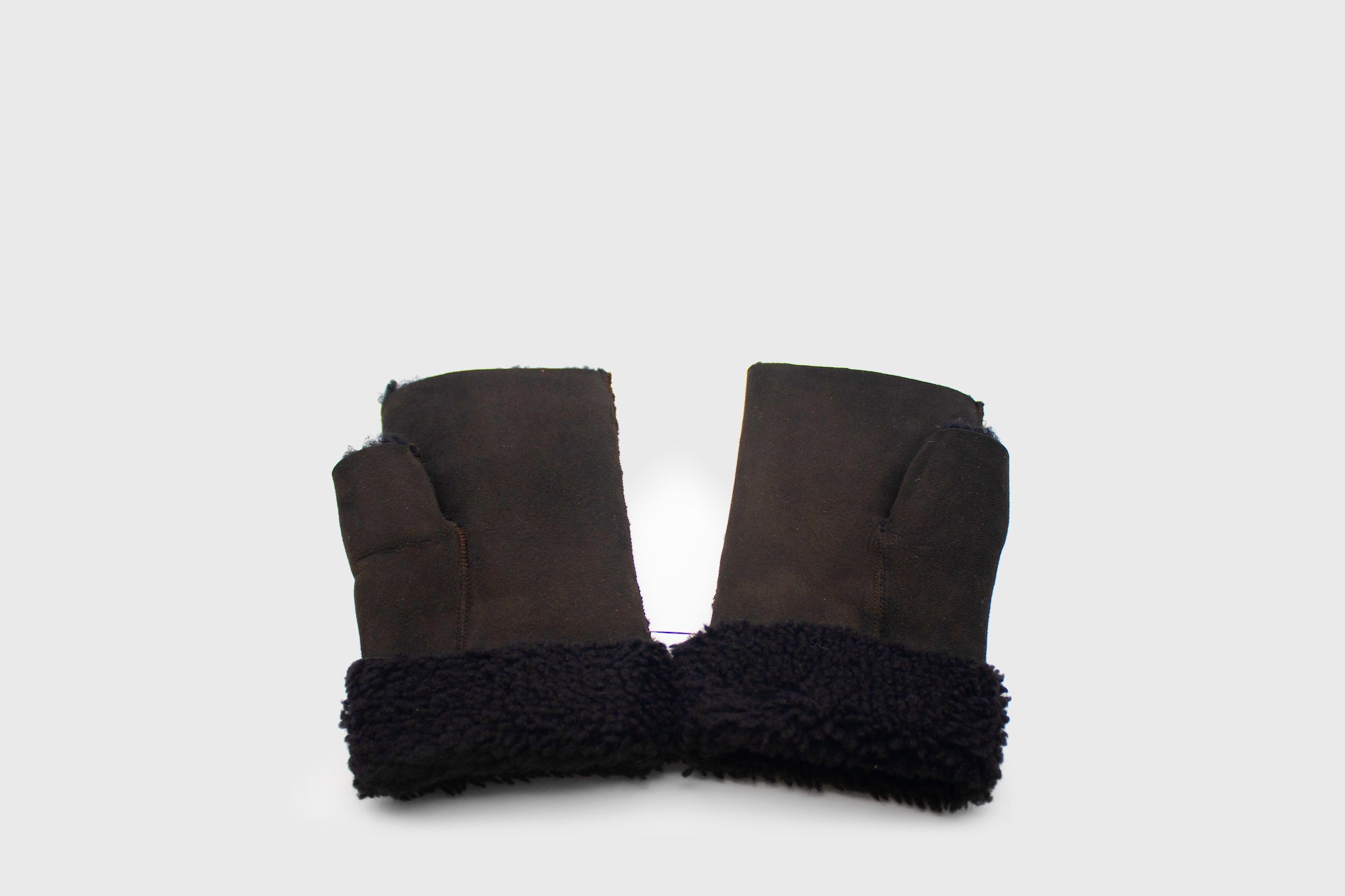 Sheepskin Fingerless Mittens [Espresso Suede] Hats, Scarves & Gloves [Accessories] Owen Barry    Deadstock General Store, Manchester