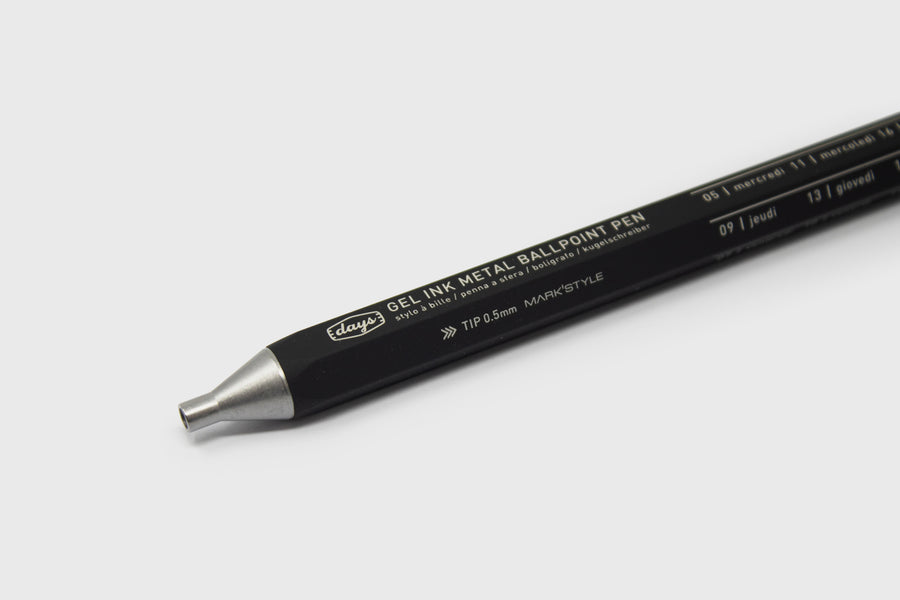 Mark's Inc Japanese 'Days' Gel Ballpoint Pen, Black, close up nib - BindleStore. (Deadstock General Store, Manchester)