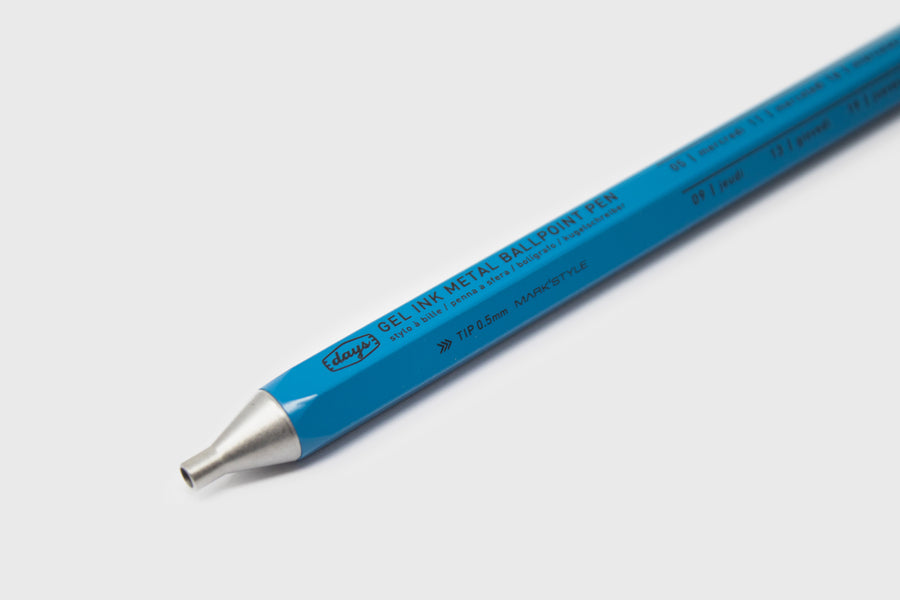 Mark's Inc Japanese 'Days' Gel Ballpoint Pen, Blue, close up nib - BindleStore. (Deadstock General Store, Manchester)