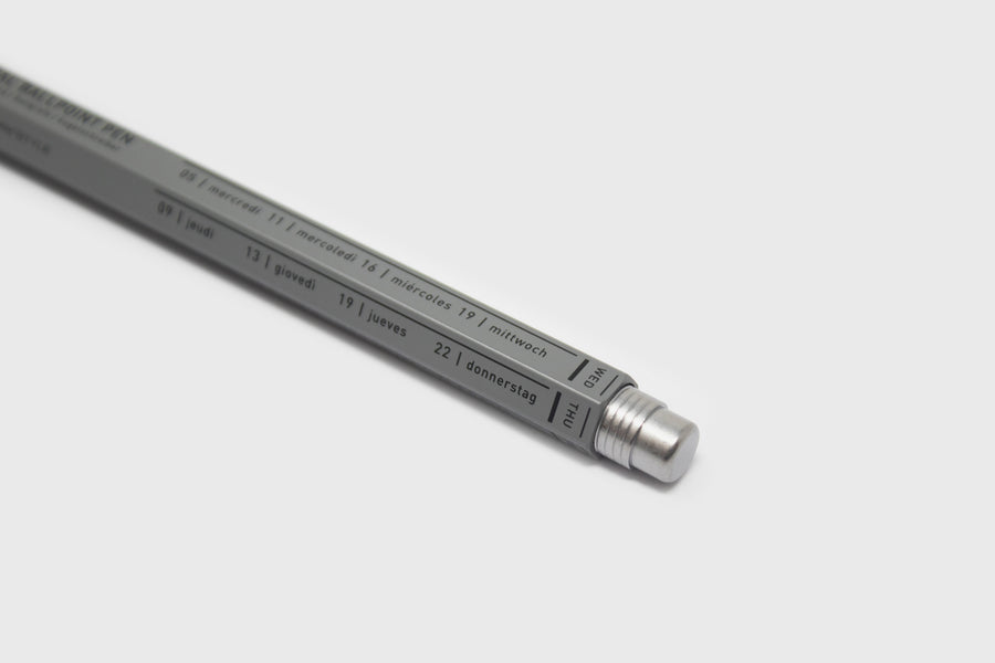 Mark's Inc Japanese 'Days' Gel Ballpoint Pen, Grey, close up mechanism - BindleStore. (Deadstock General Store, Manchester)