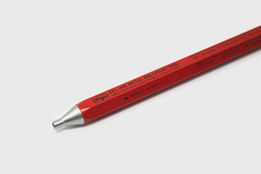 Mark's Inc Japanese 'Days' Gel Ballpoint Pen, Red, close up nib - BindleStore. (Deadstock General Store, Manchester)