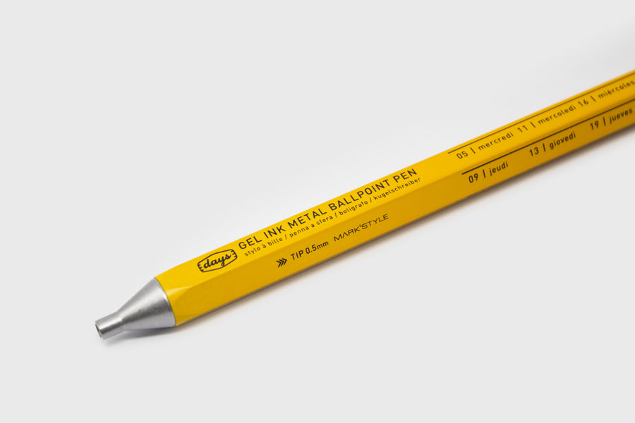 Mark's Inc Japanese 'Days' Gel Ballpoint Pen, Yellow, close up nib - BindleStore. (Deadstock General Store, Manchester)