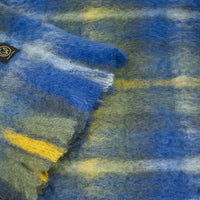 Mantas Ezcaray Spanish mohair scarf, blue yellow tartan, close up - BindleStore. (Deadstock General Store, Manchester)