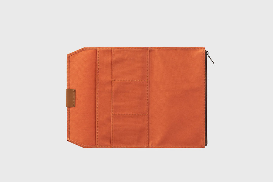 Midori Traveler's Company cotton zipper case wallet for Japanese Traveler's Notebook - orange open - BindleStore. (Deadstock General Store, Manchester)