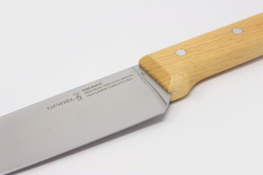 Opinel No.118 Chef's Knife, wood handle, close up steel blade - BindleStore.