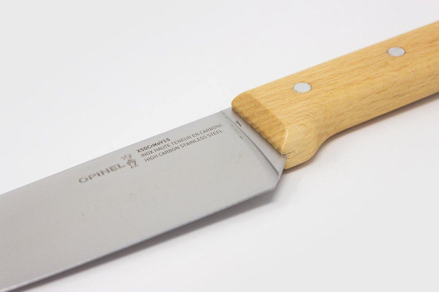 Opinel No. 119 Santoku Knife, wood handle steel blade close up - Bindlestore